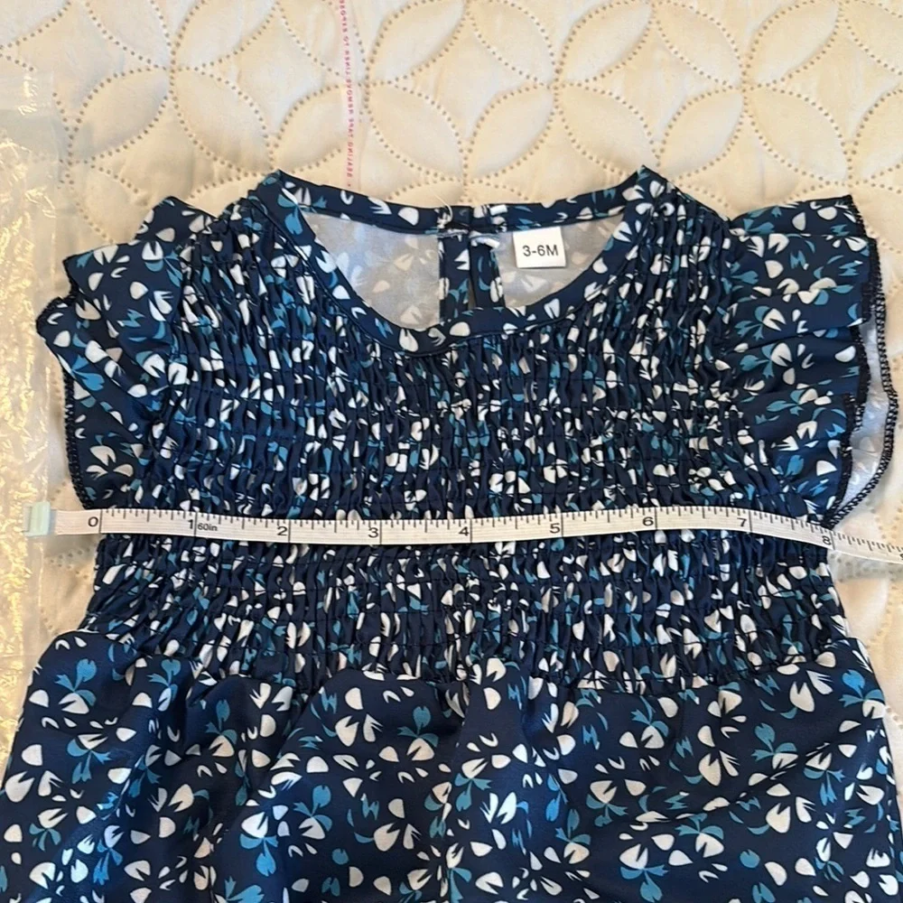 Blue Floral Smocked Bodice Baby Romper Snapped Crotch with Headband 3-6 M